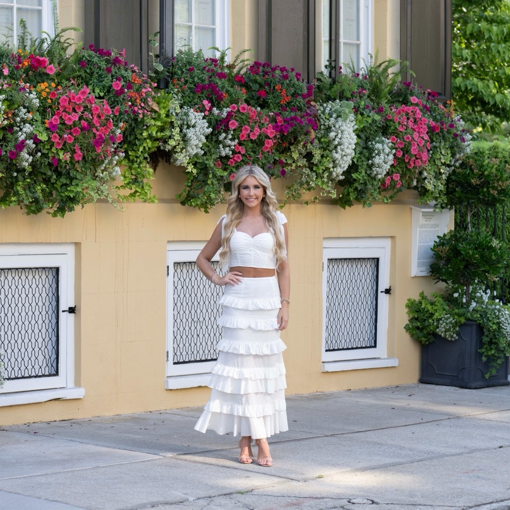 Boutique White Tiered Ruffle 2 Piece Maxi Set